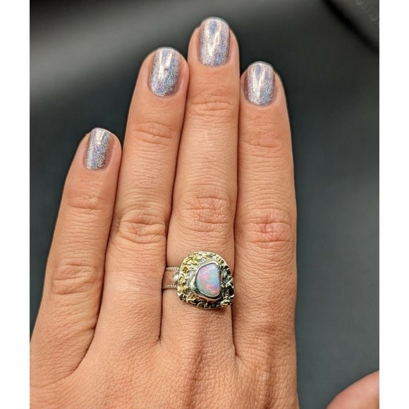 Artisan Signed LOW Fiery Natural Opal Sterling Silver Gold Ring Size 7 - Picture 2 of 12